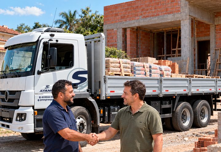 Caminhão de carga seca da Stang entregando material em obra